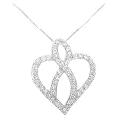 Collier pendentif en or blanc 14 carats avec ruban en forme de cœur et diamants de 1,0 carat