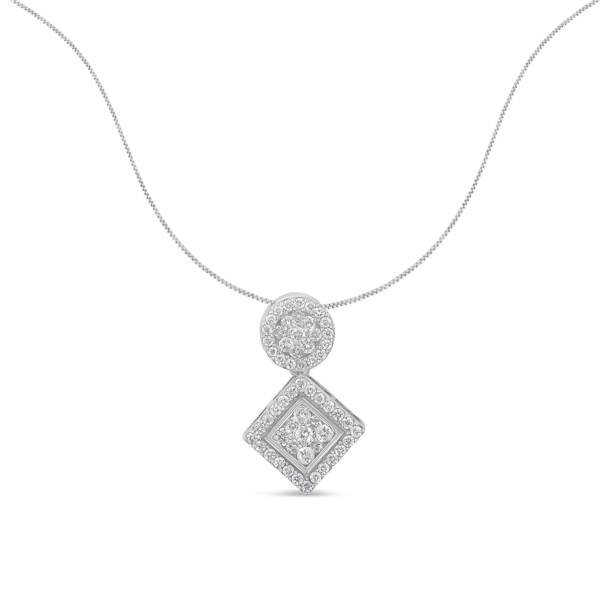 A diamond pendant necklace featuring a geometric design with a round and square clusters of diamonds. This striking necklace is crafted in 14 karat white gold and has a total diamond weight of 1 carat. This beautiful necklace includes 18” box chain