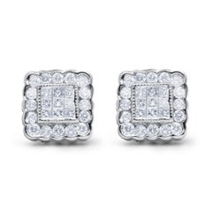14K White Gold 1.0 Carat Diamond Scallop-Edge Framed Square Halo Stud Earrings