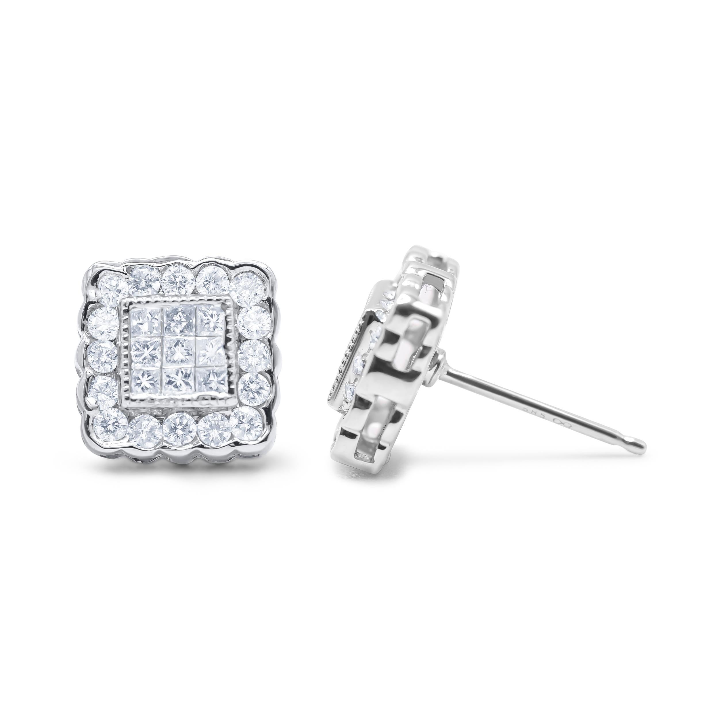 Contemporain Clous d'oreilles en or blanc 14 carats avec halo carré encadré de diamants de 1,0 carat à bord festonné en vente