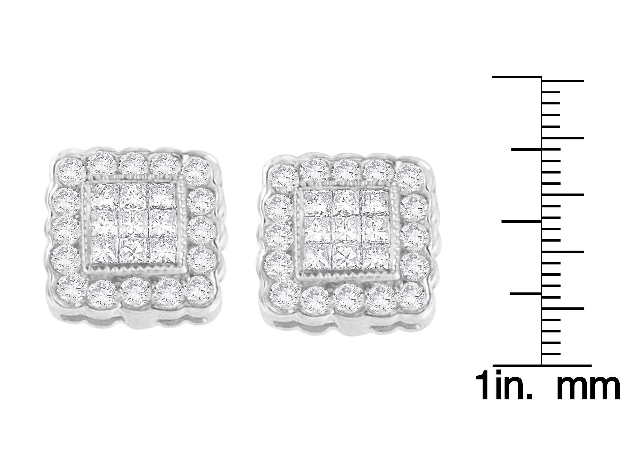 Taille ronde Clous d'oreilles en or blanc 14 carats avec halo carré encadré de diamants de 1,0 carat à bord festonné en vente