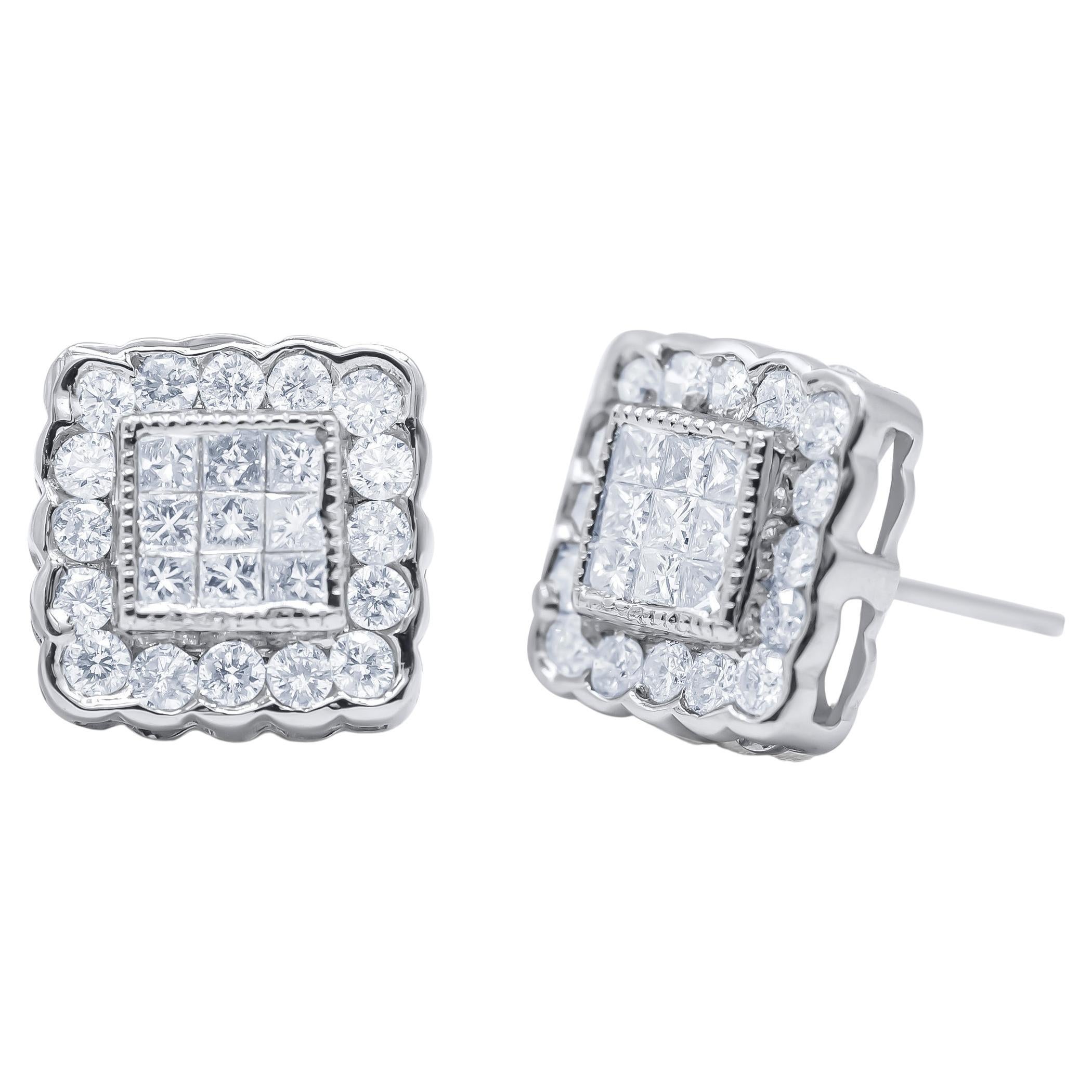 Clous d'oreilles en or blanc 14 carats avec halo carré encadré de diamants de 1,0 carat à bord festonné