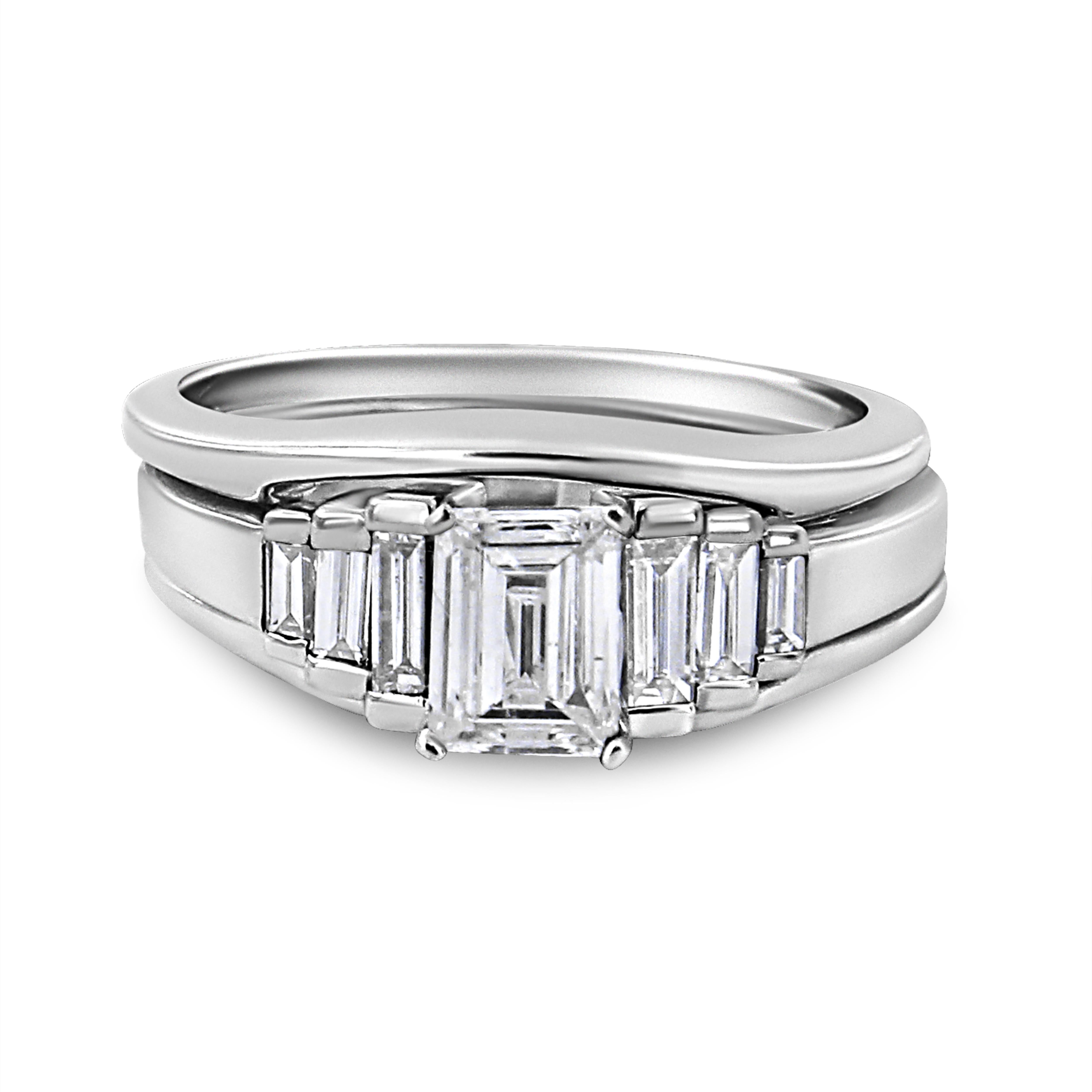 Contemporary 14K White Gold 1.0 Carat Emerald Shape Diamond Step Up Engagement Ring