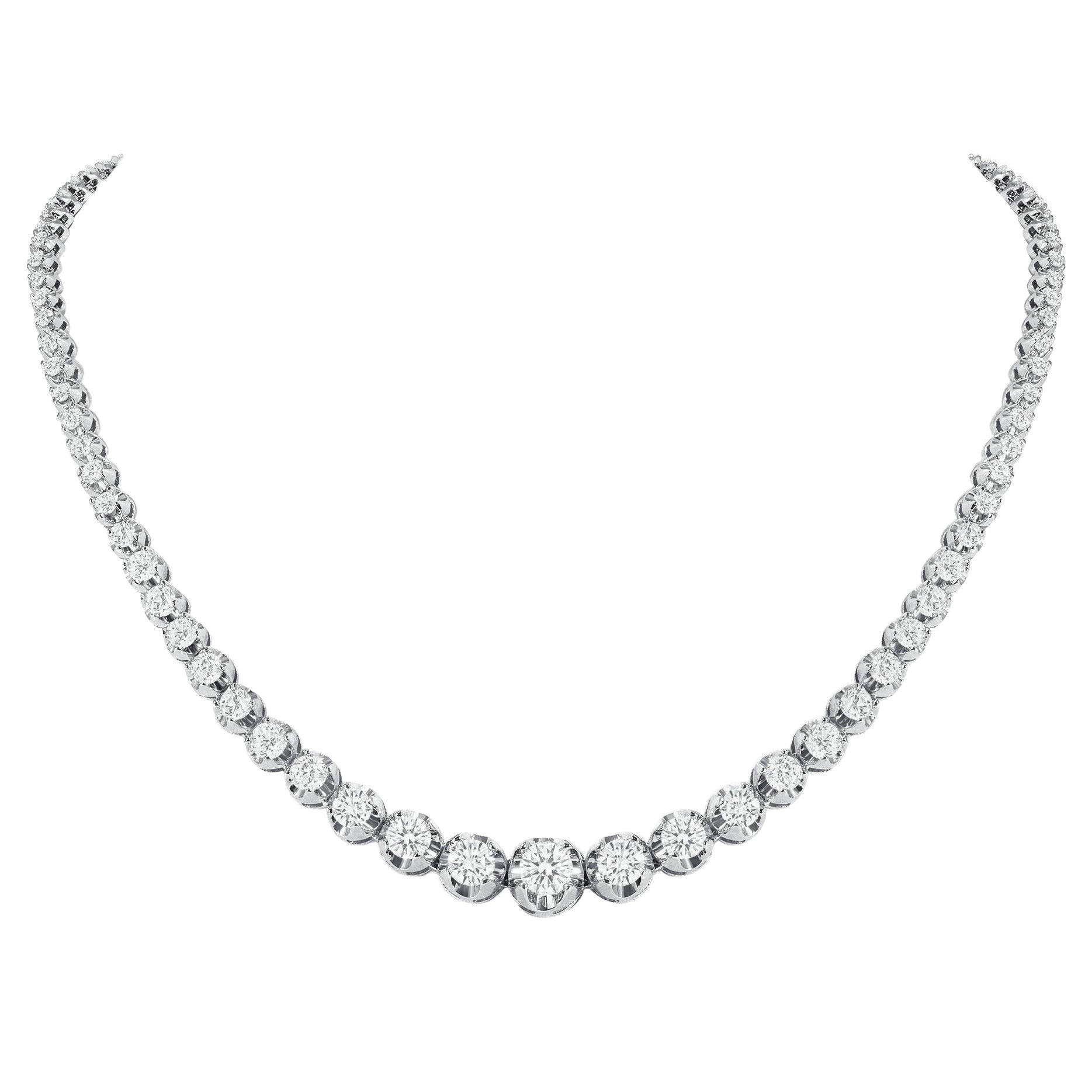 Collier tennis en or blanc 14 carats avec diamants gradués de 10 carats, sertissage illusion en vente