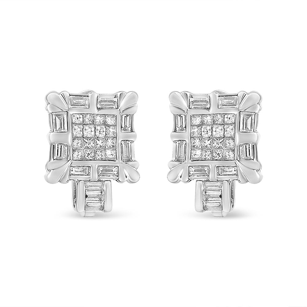 Bold and unique, these 14k white gold huggie hoops have an art-deco design with a modern twist. With a total diamond weight of 1 cttw, these earrings showcase natural princess and baguette-cut diamonds in channel and invisible settings respectively.