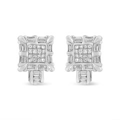 14K White Gold 1.0 Carat Princess and Baguette-Cut Diamond Huggie Hoop Earrings