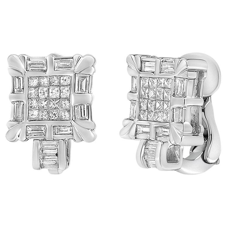 14K White Gold 1.0 Carat Princess and Baguette-Cut Diamond Huggie Hoop Earrings For Sale