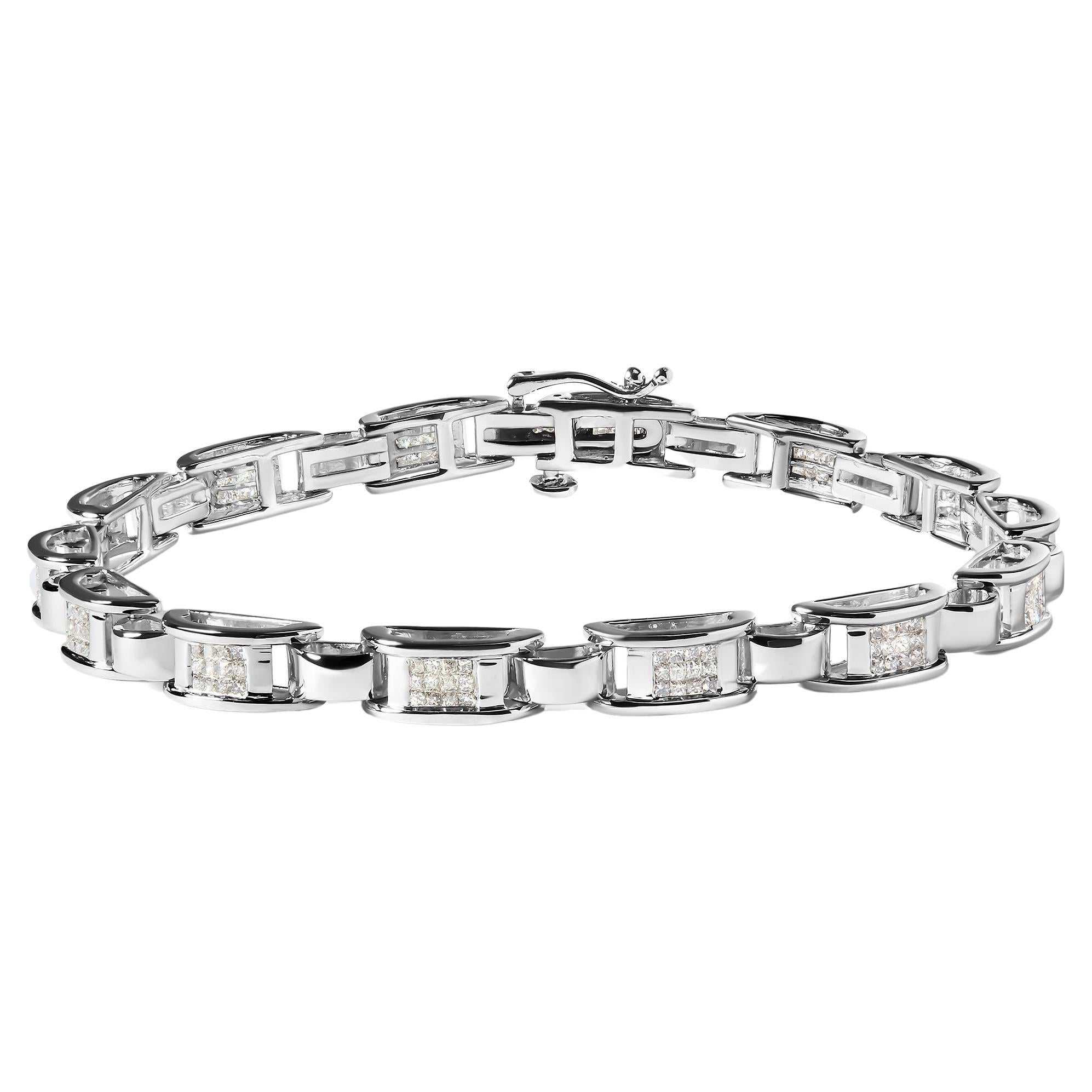 14K White Gold 1.0 Carat Princess-Cut Diamond Link Bracelet For Sale