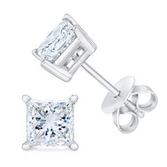 14K White Gold 1.0 Carat Princess Cut Diamond Solitaire Stud Earrings