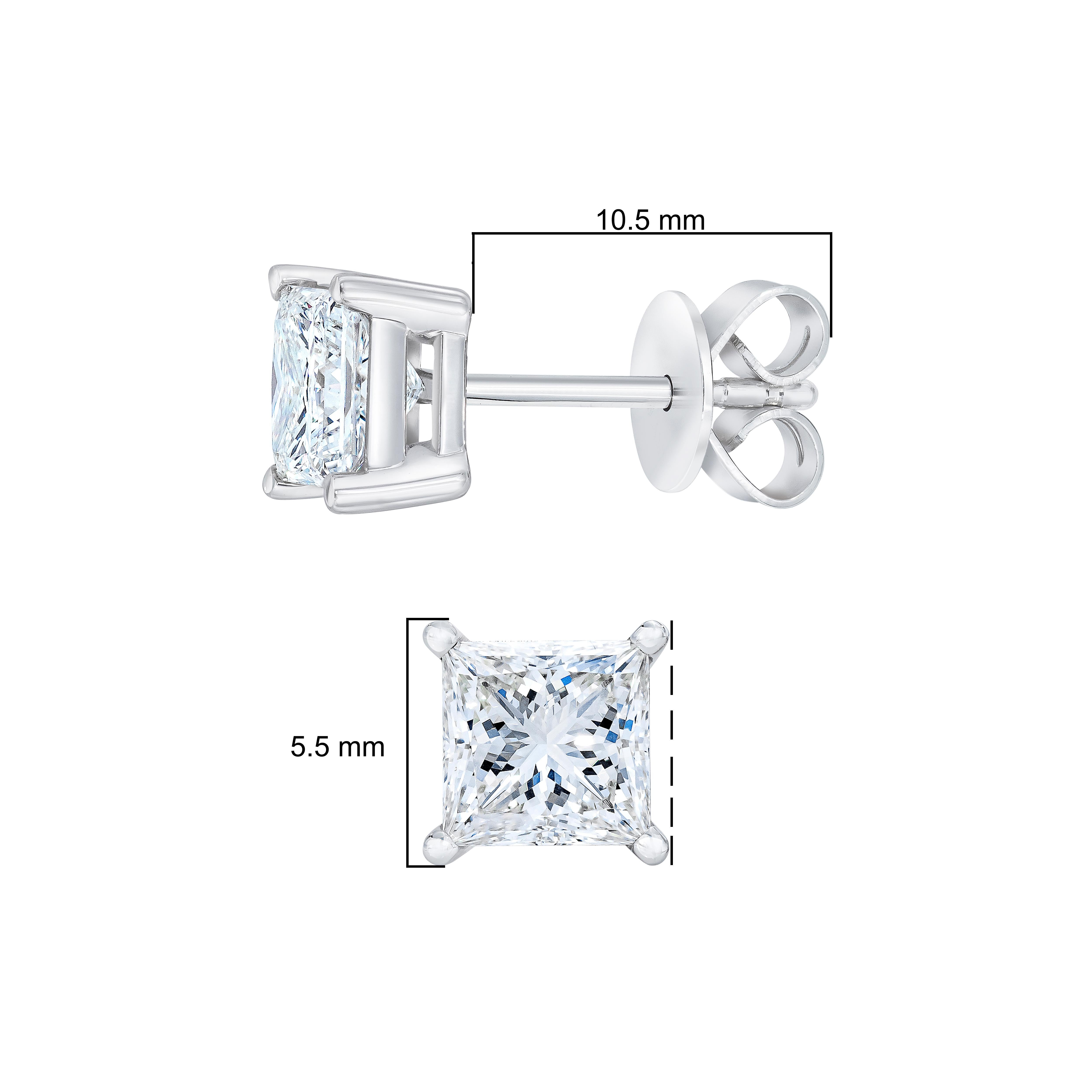 14K White Gold 1.0 Carat Princess Cut Diamond Solitaire Stud Earrings In New Condition For Sale In New York, NY