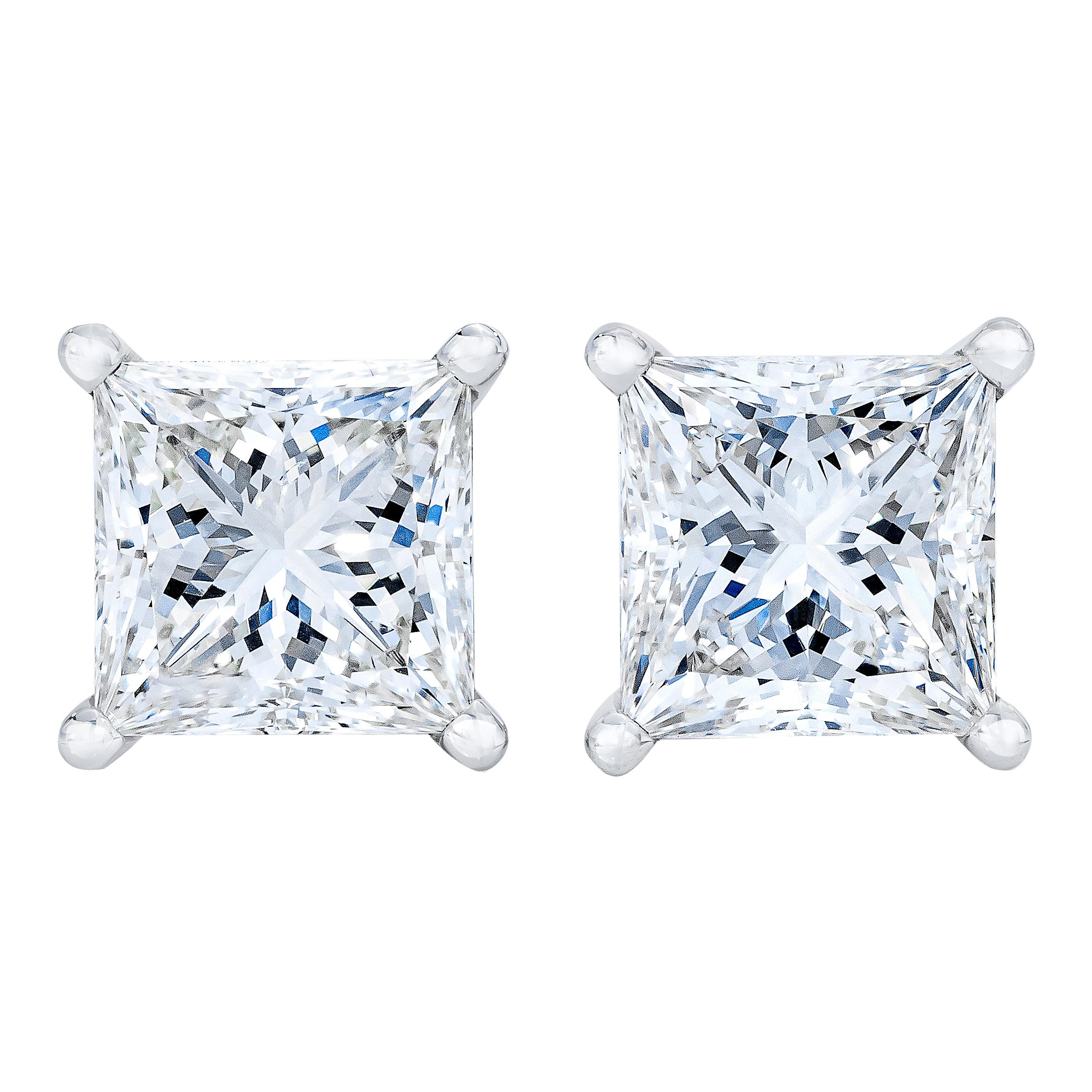 Clous d'oreilles solitaires en or blanc 14 carats avec diamants taille princesse de 1,0 carat