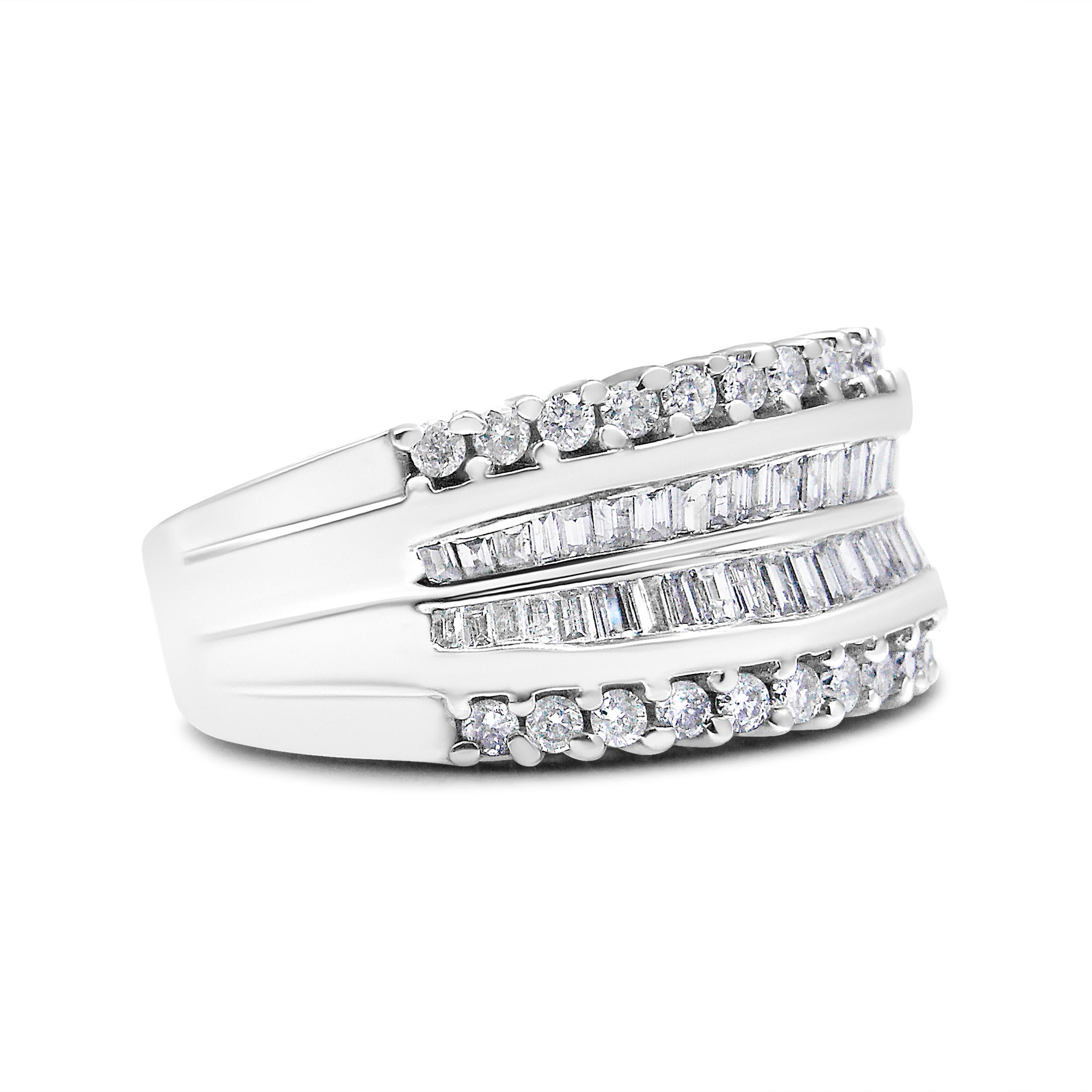 Modern and elegant, this stunning diamond ring has an impressive total diamond weight of 1.00 c.t. This beautiful band is crafted in 14k white gold, a metal that will stay tarnish free for years to come. This piece is designed with two rows of
