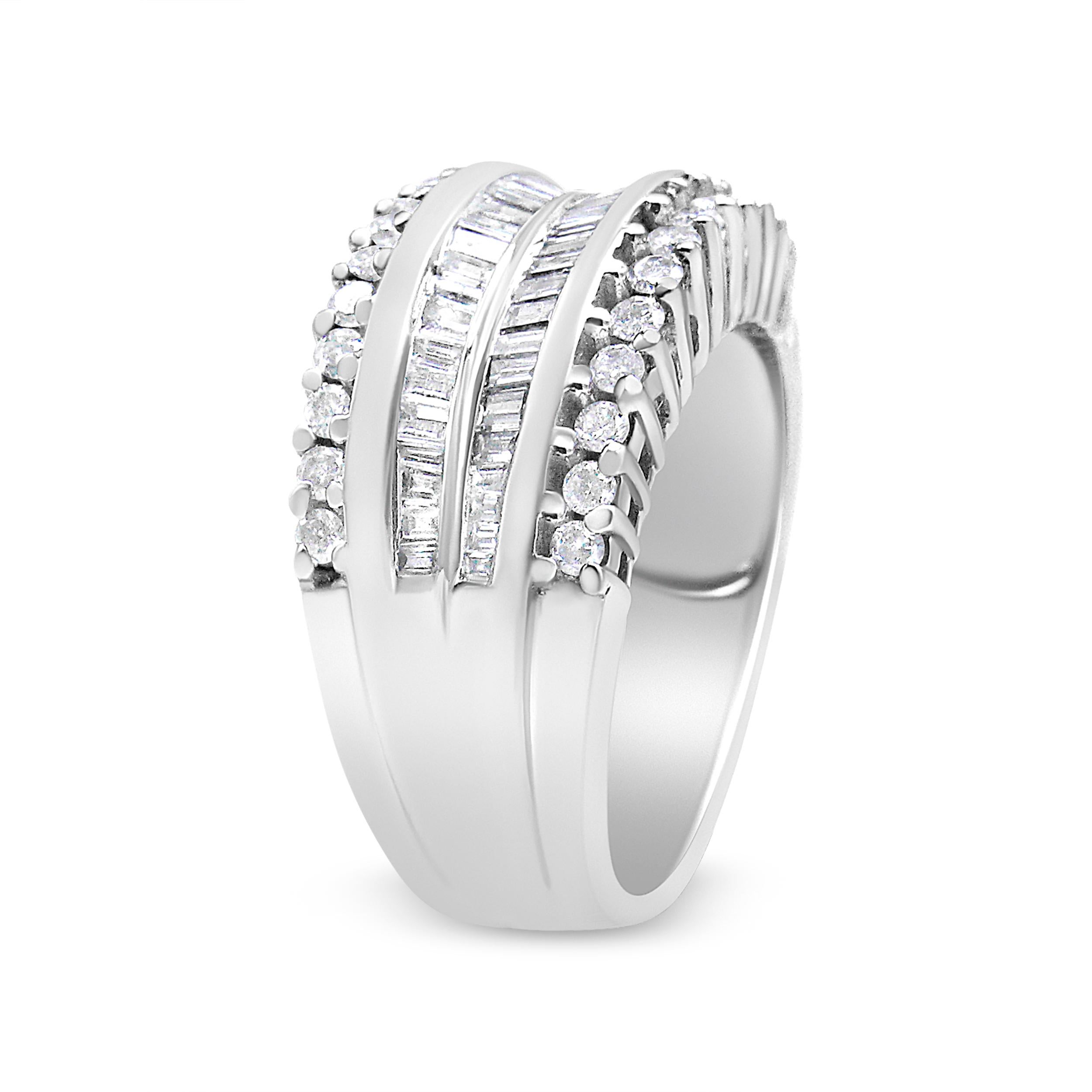 Contemporary 14K White Gold 1.0 Carat Round and Baguette-Cut Diamond Modern Band Ring For Sale