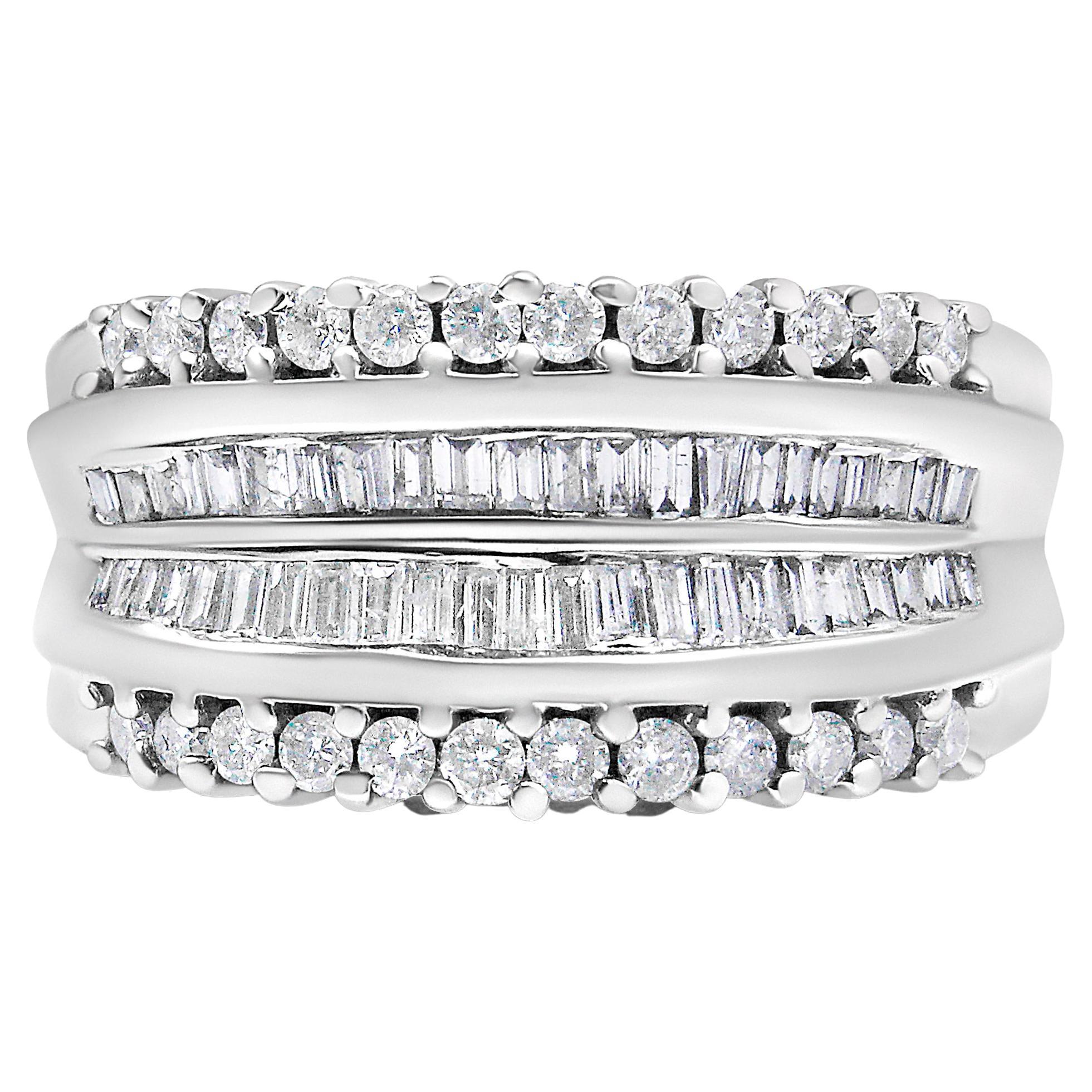 14K White Gold 1.0 Carat Round and Baguette-Cut Diamond Modern Band Ring For Sale
