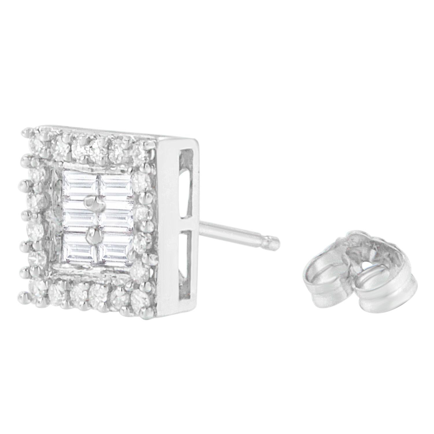 Orecchini con diamanti tondi e baguette in oro bianco 14K da 1,0 carati In condizioni Nuovo in vendita a New York, NY