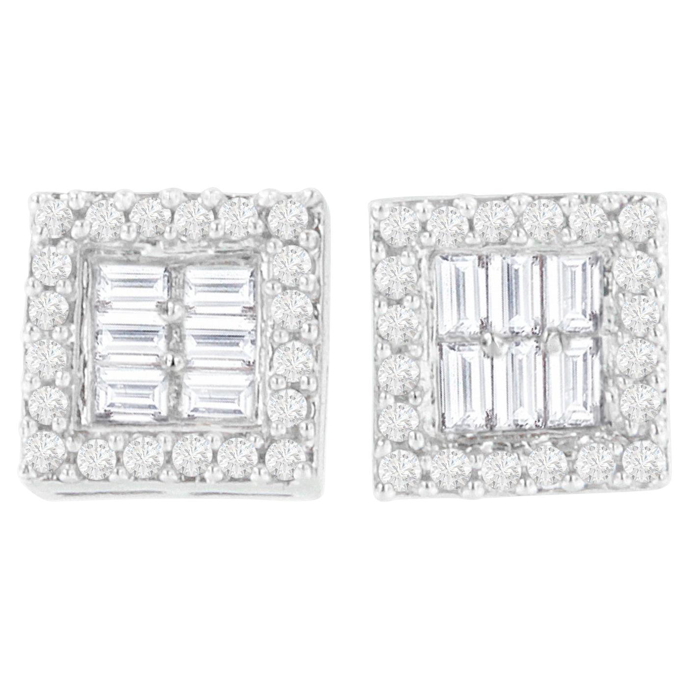 14K White Gold 1.0 Carat Round and Baguette Diamond Stud Earrings