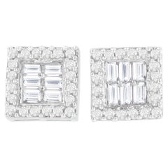 14K White Gold 1.0 Carat Round and Baguette Diamond Stud Earrings