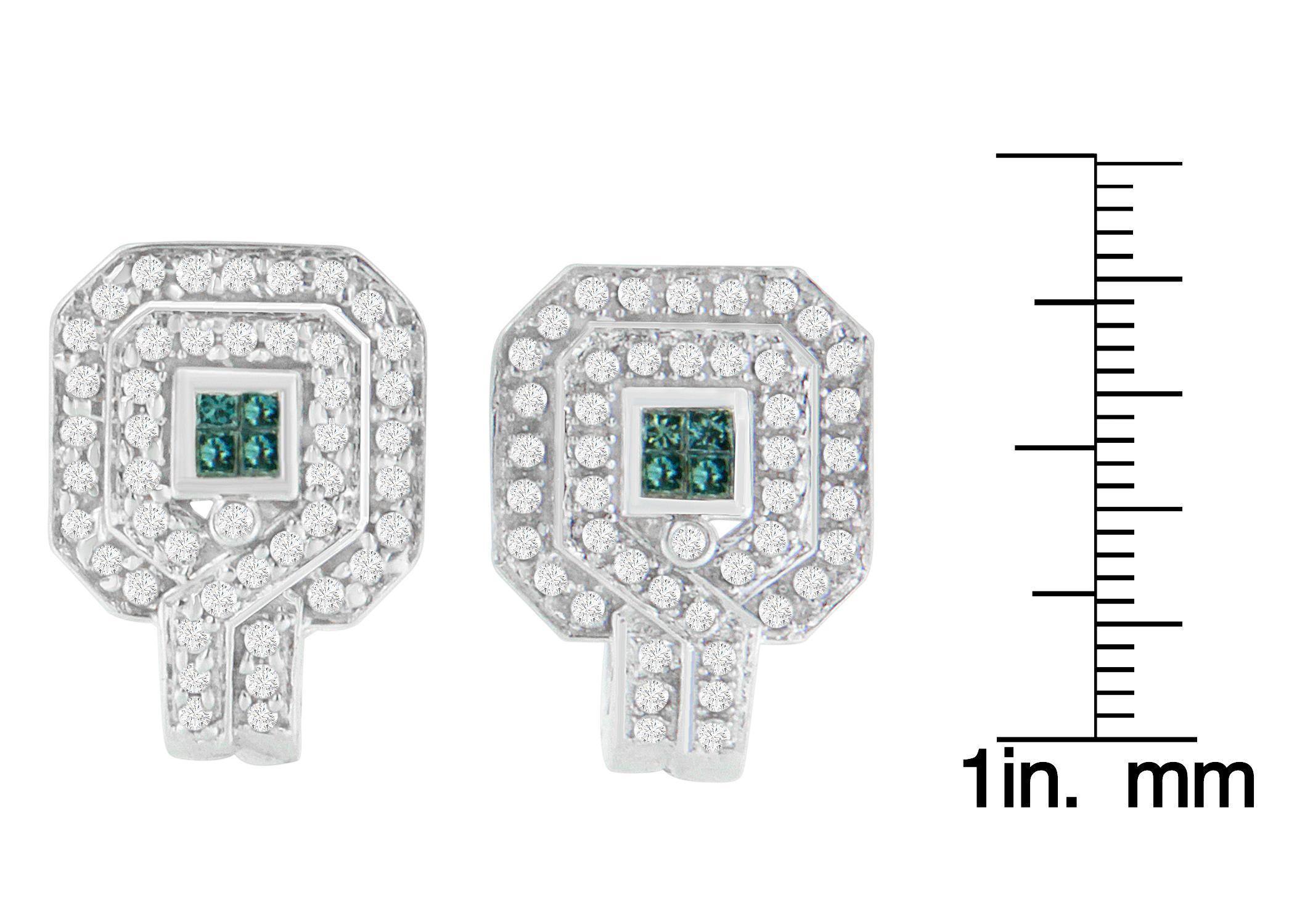 14K White Gold 1.0 Carat Round and Princess-Cut Treated Blue Diamond Earrings In New Condition For Sale In New York, NY