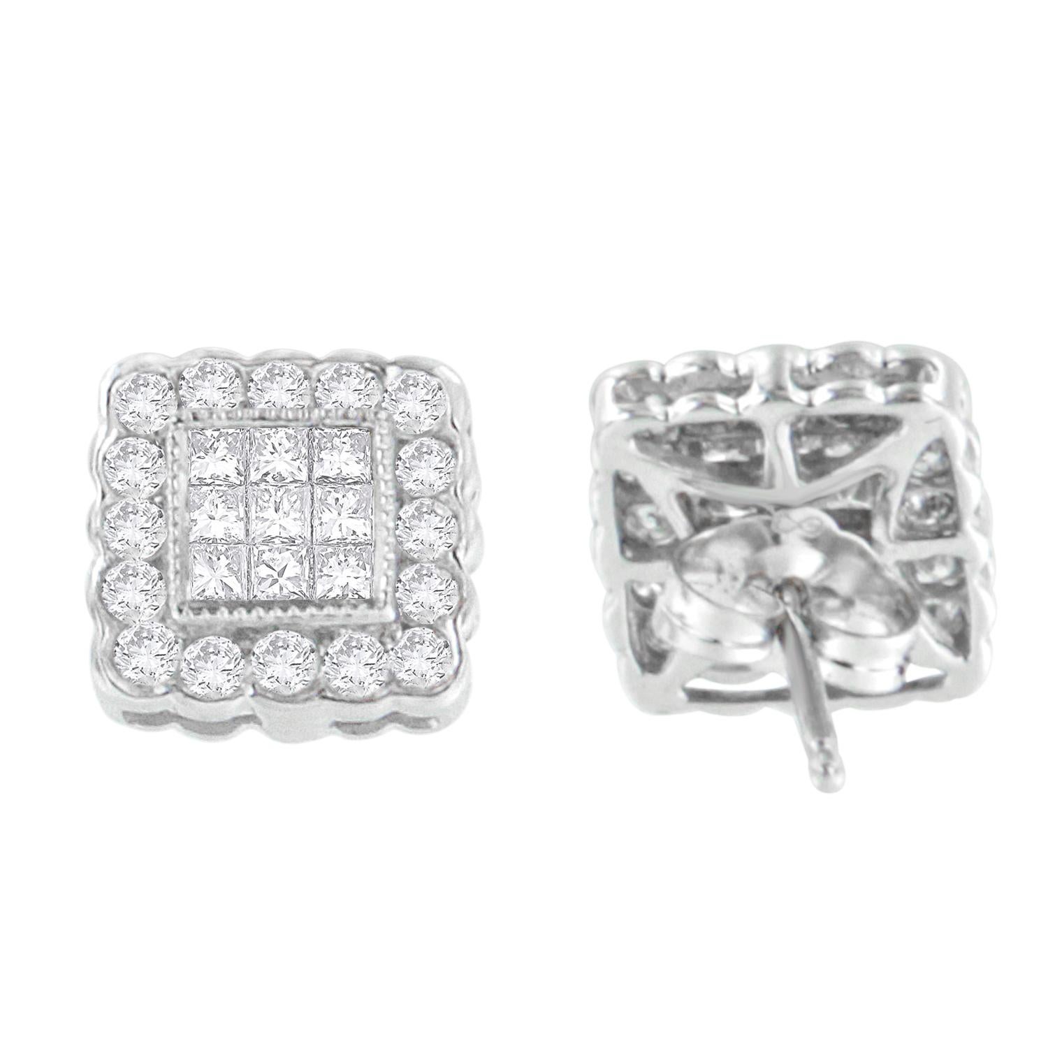 Beautifully crafted of high-quality 14-karat white gold, these stunning square shaped stud earrings hold 1.1 carat of dazzling, round and princess cut diamonds. Polished to a high shine finish, these earrings secure with push-on-screw-off clasp.