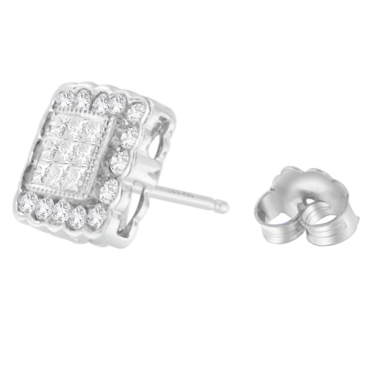 Contemporary 14K White Gold 1.0 Carat Round-Cut and Princess-Cut Diamond Stud Earring For Sale
