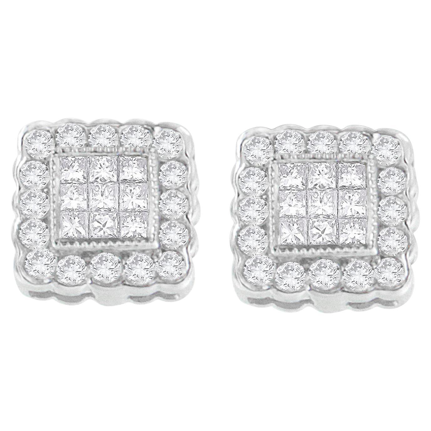 14K White Gold 1.0 Carat Round-Cut and Princess-Cut Diamond Stud Earring For Sale