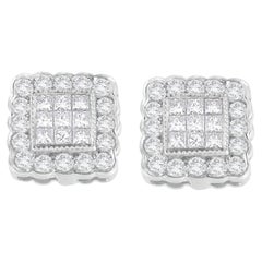 14K White Gold 1.0 Carat Round-Cut and Princess-Cut Diamond Stud Earring
