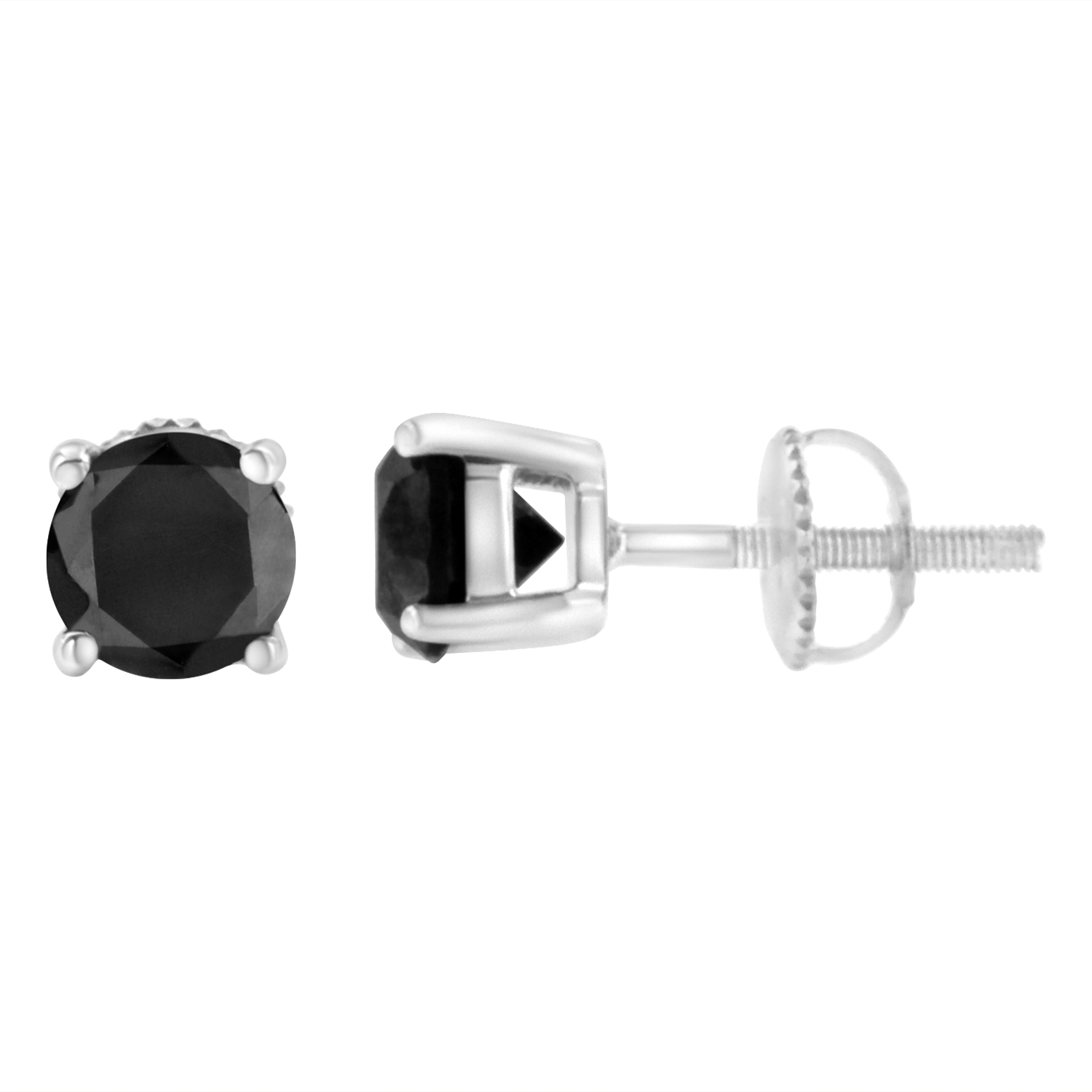 Elegant and timeless, these gorgeous 14K white gold solitaire stud earrings feature bold and beautiful heat treated, color enhanced black diamonds. The earrings feature screwback closures. The notched posts and friction backs keep these pierced