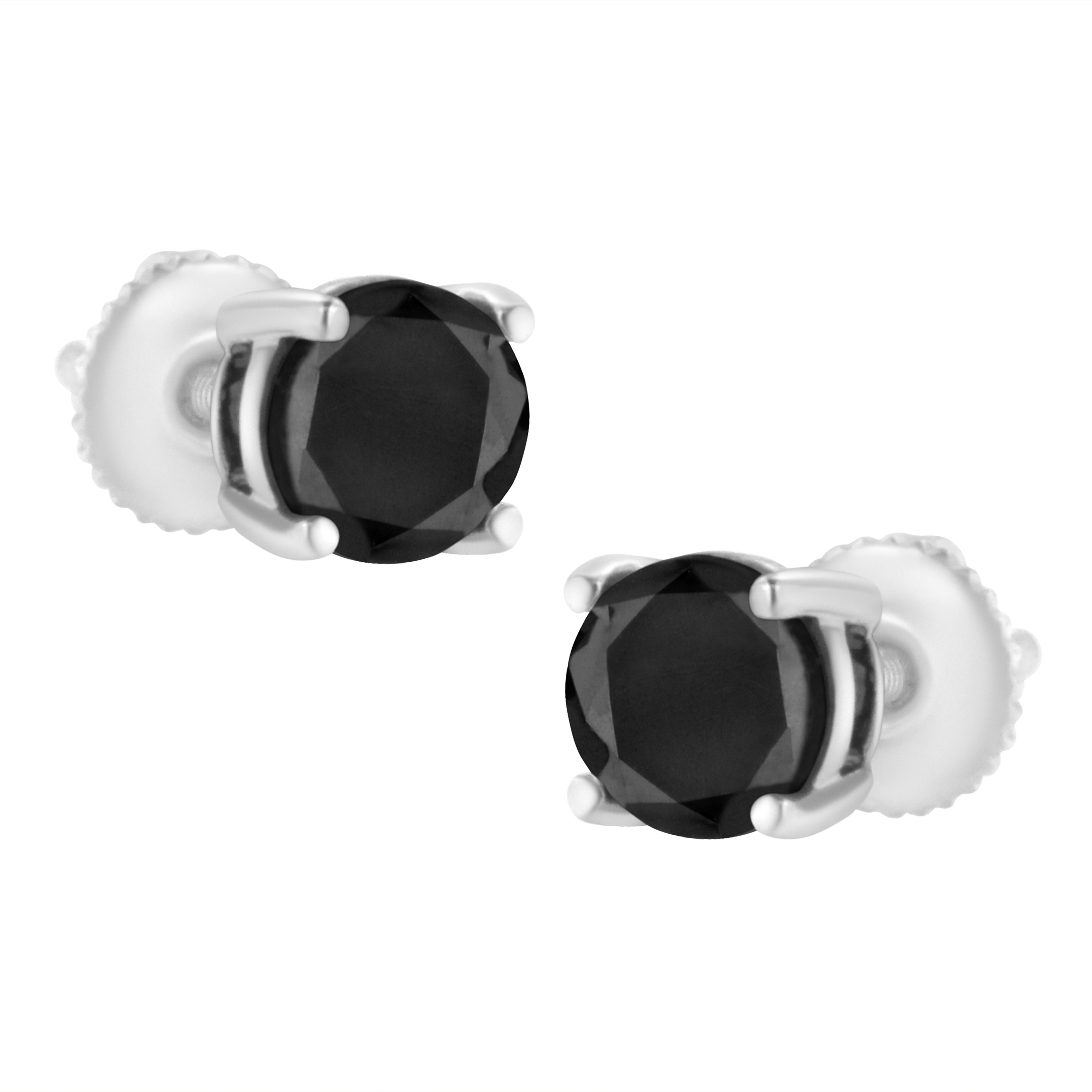 Contemporary 14K White Gold 1.0 Carat Round-Cut Black Diamond Classic 4-Prong Stud Earrings For Sale
