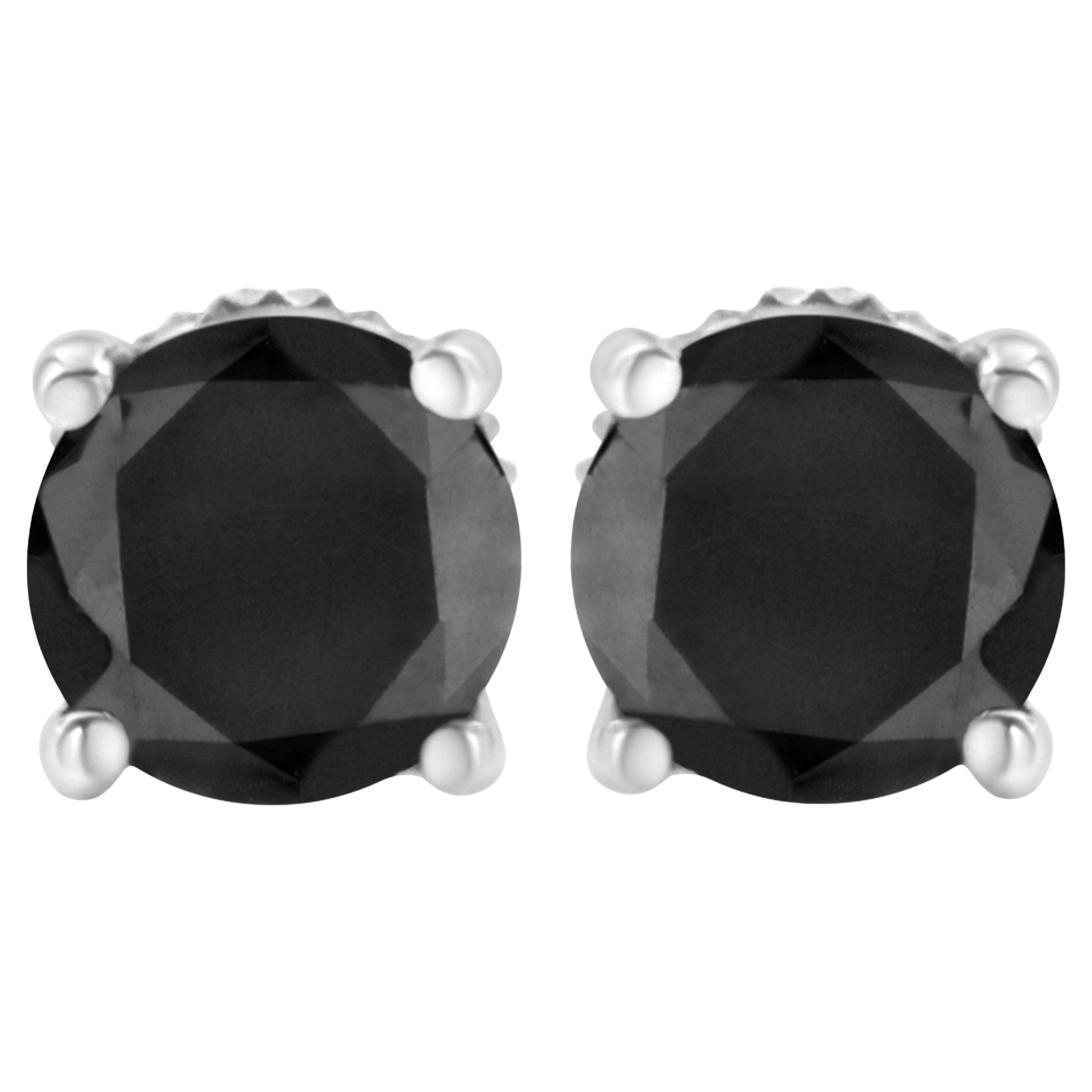 14K White Gold 1.0 Carat Round-Cut Black Diamond Classic 4-Prong Stud Earrings For Sale