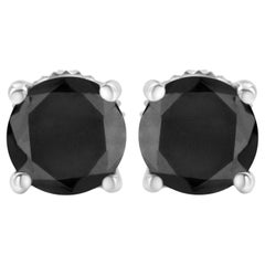 14K White Gold 1.0 Carat Round-Cut Black Diamond Classic 4-Prong Stud Earrings