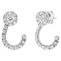 14K White Gold 1.0 Carat Round-Cut Diamond Curved Cluster Drop Stud Earrings