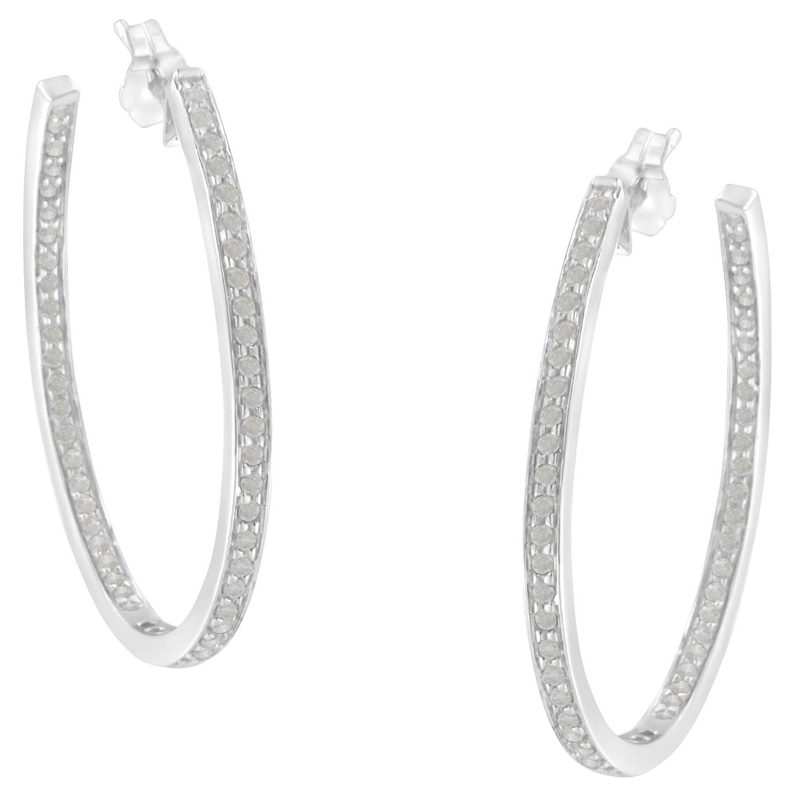 14K White Gold 1.0 Carat Round Diamond Hoop Earrings For Sale