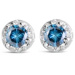 14K White Gold 1.0 Carat Treated Blue and White Diamond Hidden Halo Stud Earring