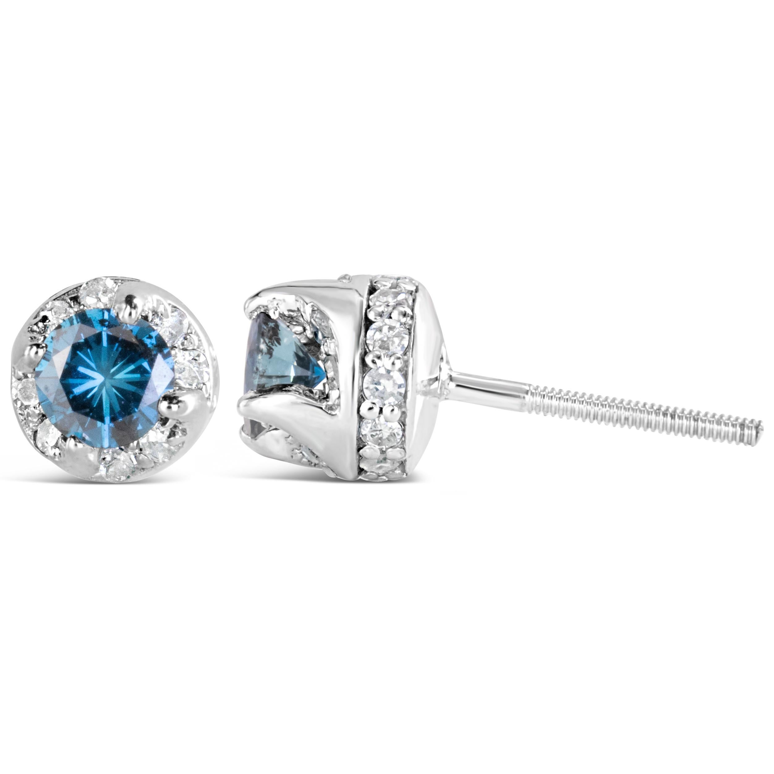 Contemporary 14K White Gold 1.0 Carat Treated Blue and White Diamond Hidden Halo Stud Earring For Sale