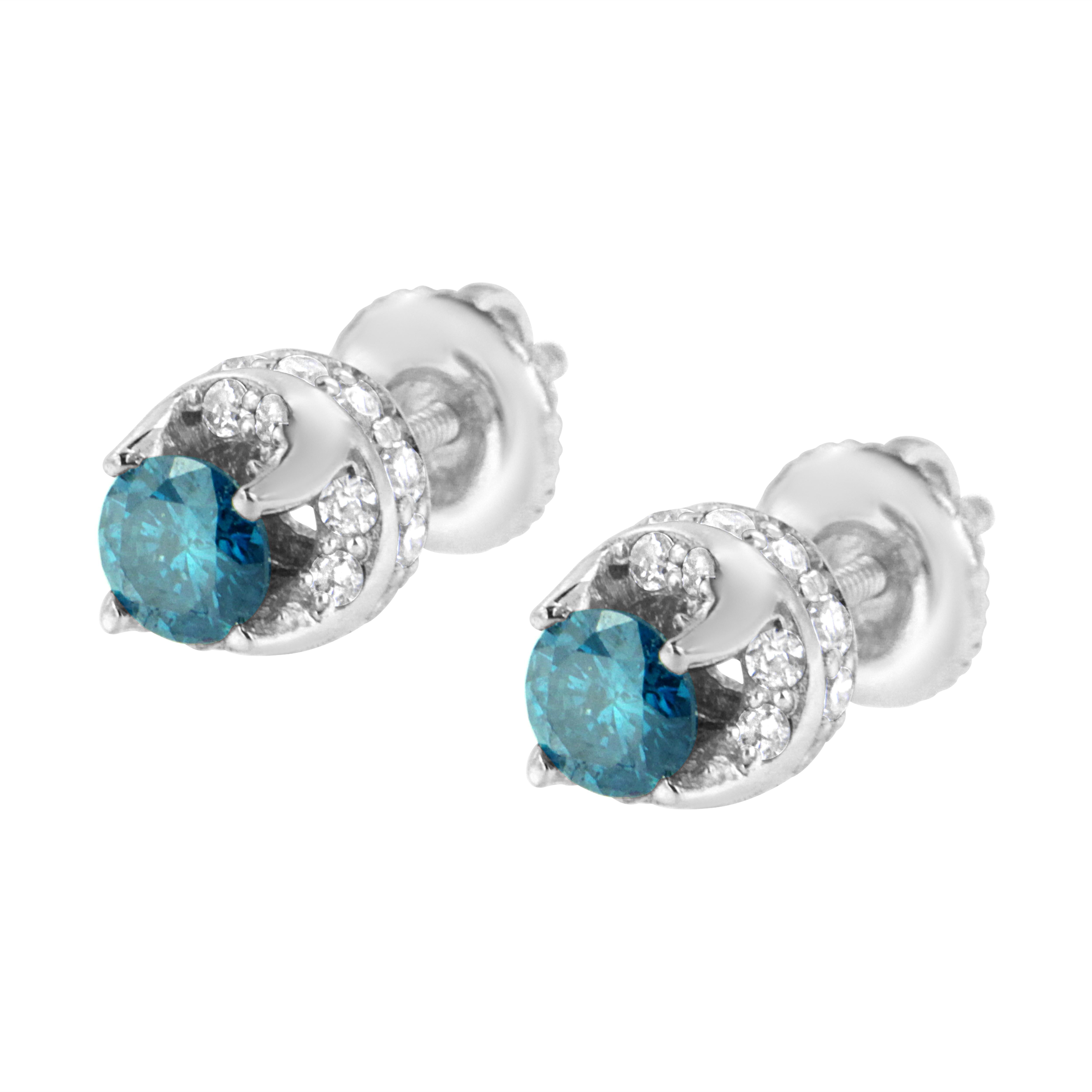 Round Cut 14K White Gold 1.0 Carat Treated Blue and White Diamond Hidden Halo Stud Earring For Sale