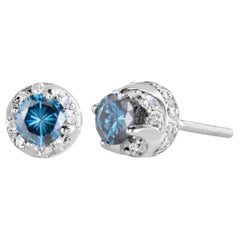 Clous d'oreilles en or blanc 14 carats avec diamants bleus et blancs traités de 1,0 carat et halo caché