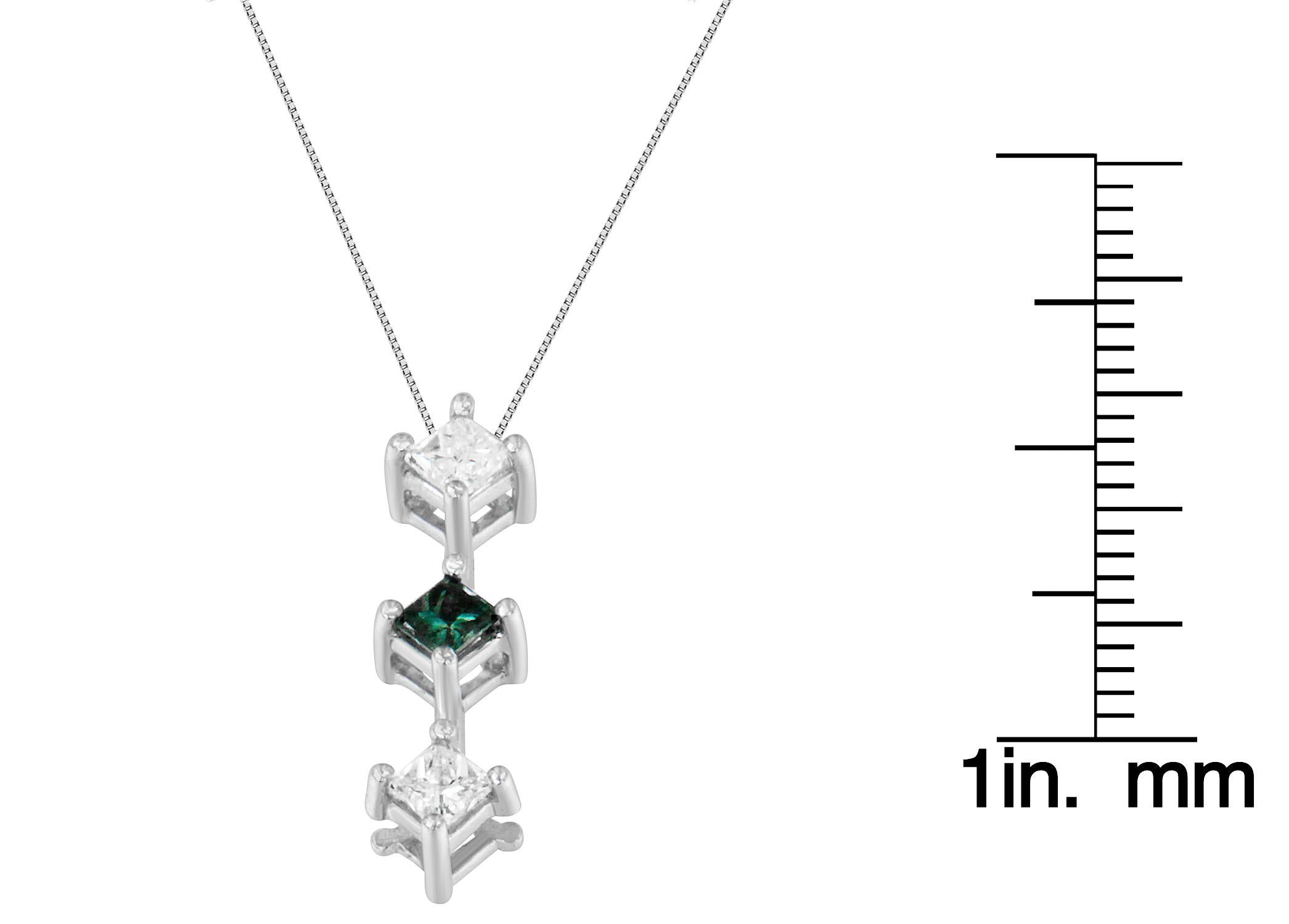 Princess Cut 14K White Gold 1.0 Carat Treated Blue and White Diamond Pendant Necklace For Sale