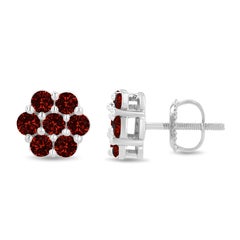 14K White Gold 1.0 Carat Treated Red Diamond 7 Stone Floral Stud Earrings