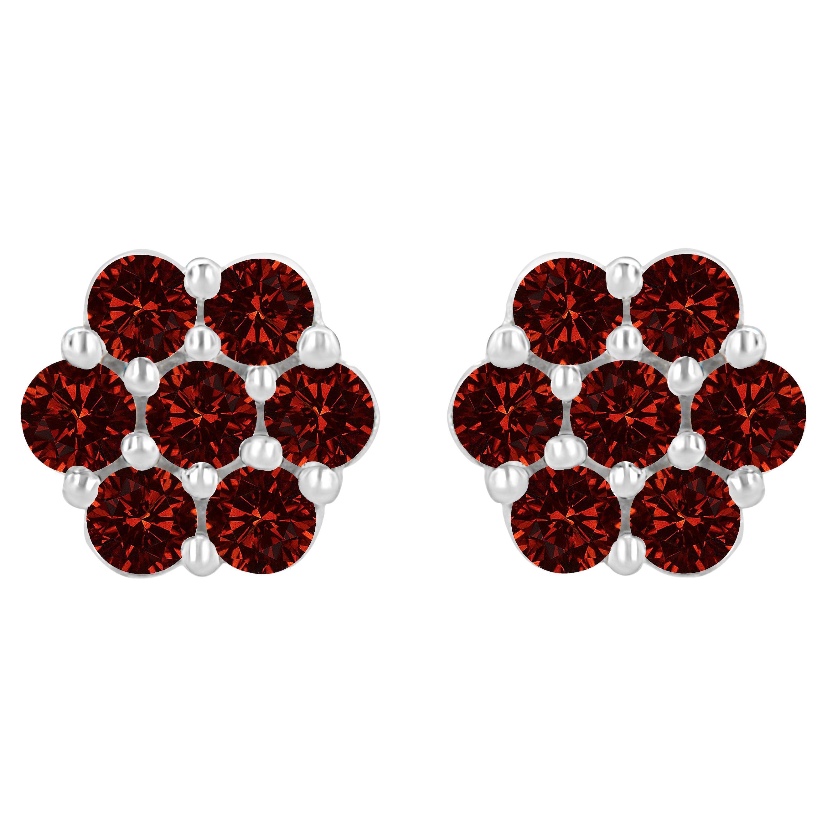 14K White Gold 1.0 Carat Treated Red Diamond 7 Stone Floral Stud Earrings