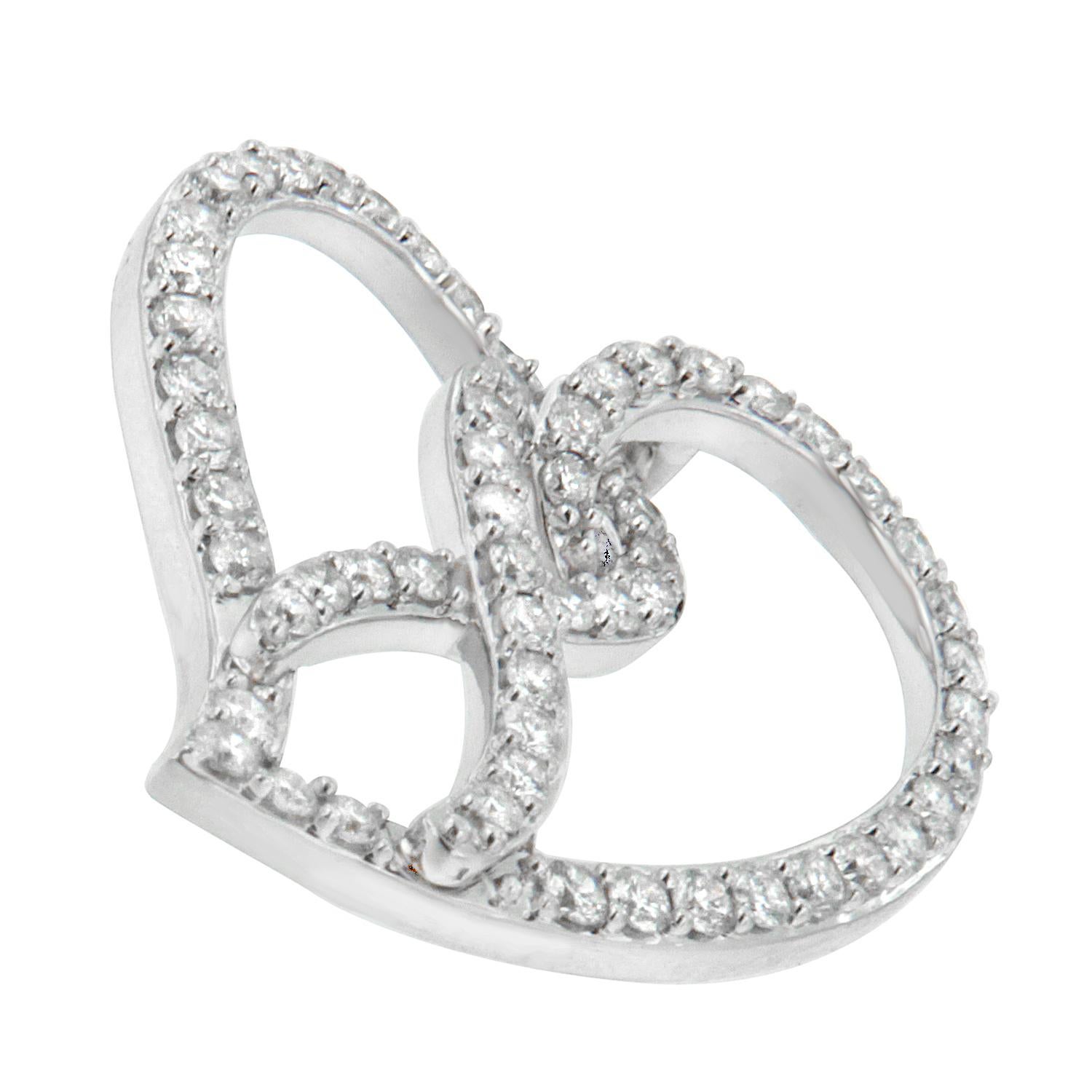 Contemporary 14K White Gold 1.0 Carat White Diamond Ribbon & Open Heart Pendant Necklace For Sale