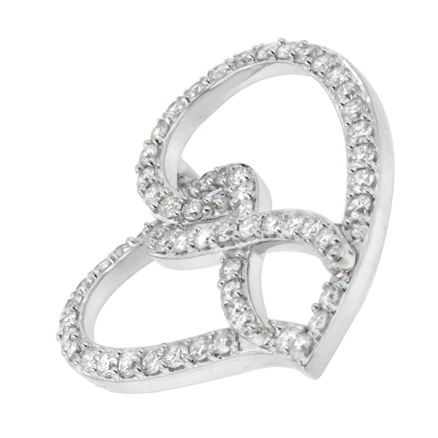 Round Cut 14K White Gold 1.0 Carat White Diamond Ribbon & Open Heart Pendant Necklace For Sale