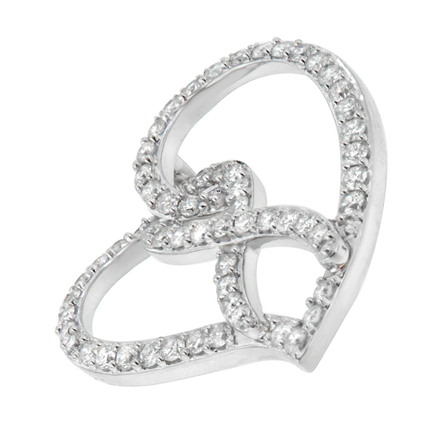 Taille ronde Collier pendentif en or blanc 14 carats avec ruban de diamants blancs de 1,0 carat et cœur ouvert en vente
