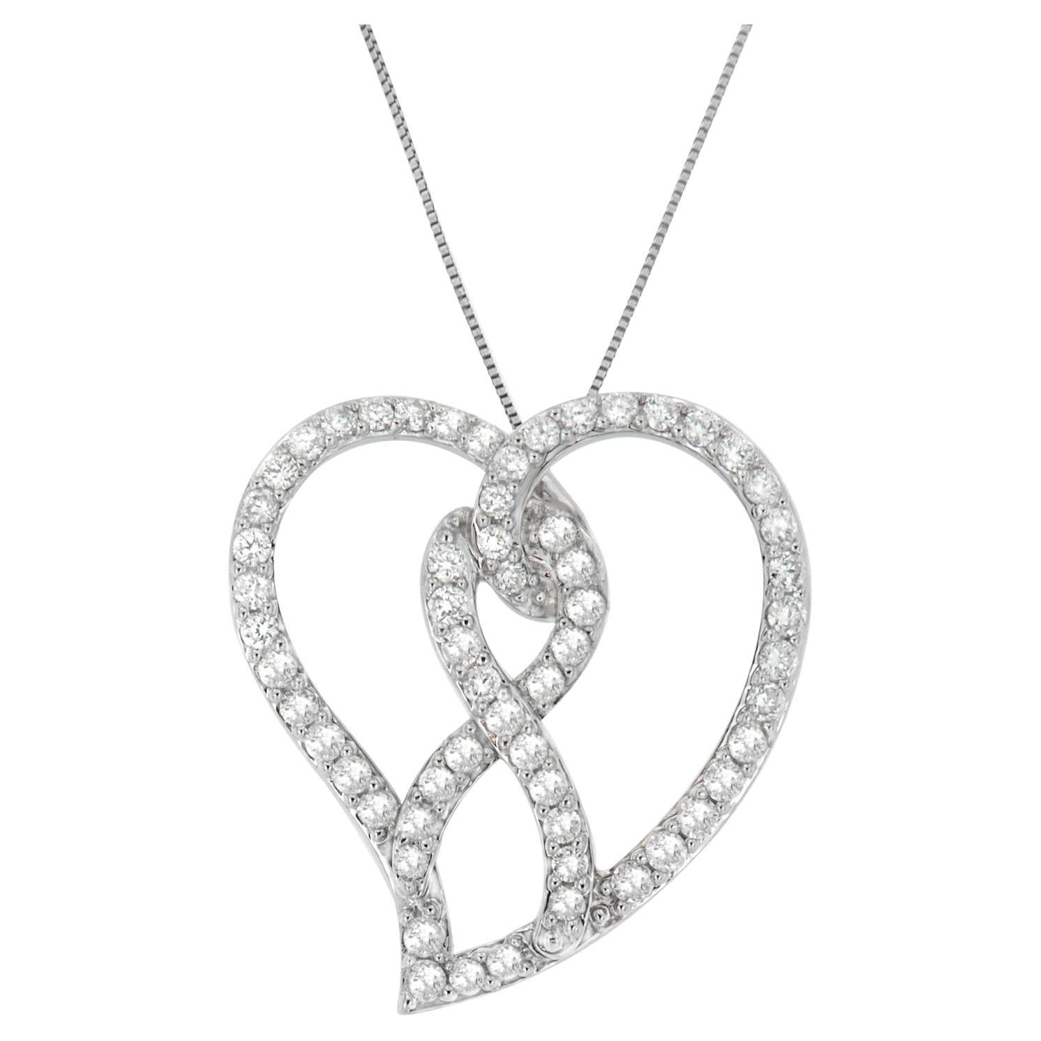 14K White Gold 1.0 Carat White Diamond Ribbon & Open Heart Pendant Necklace For Sale