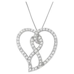 14K White Gold 1.0 Carat White Diamond Ribbon & Open Heart Pendant Necklace