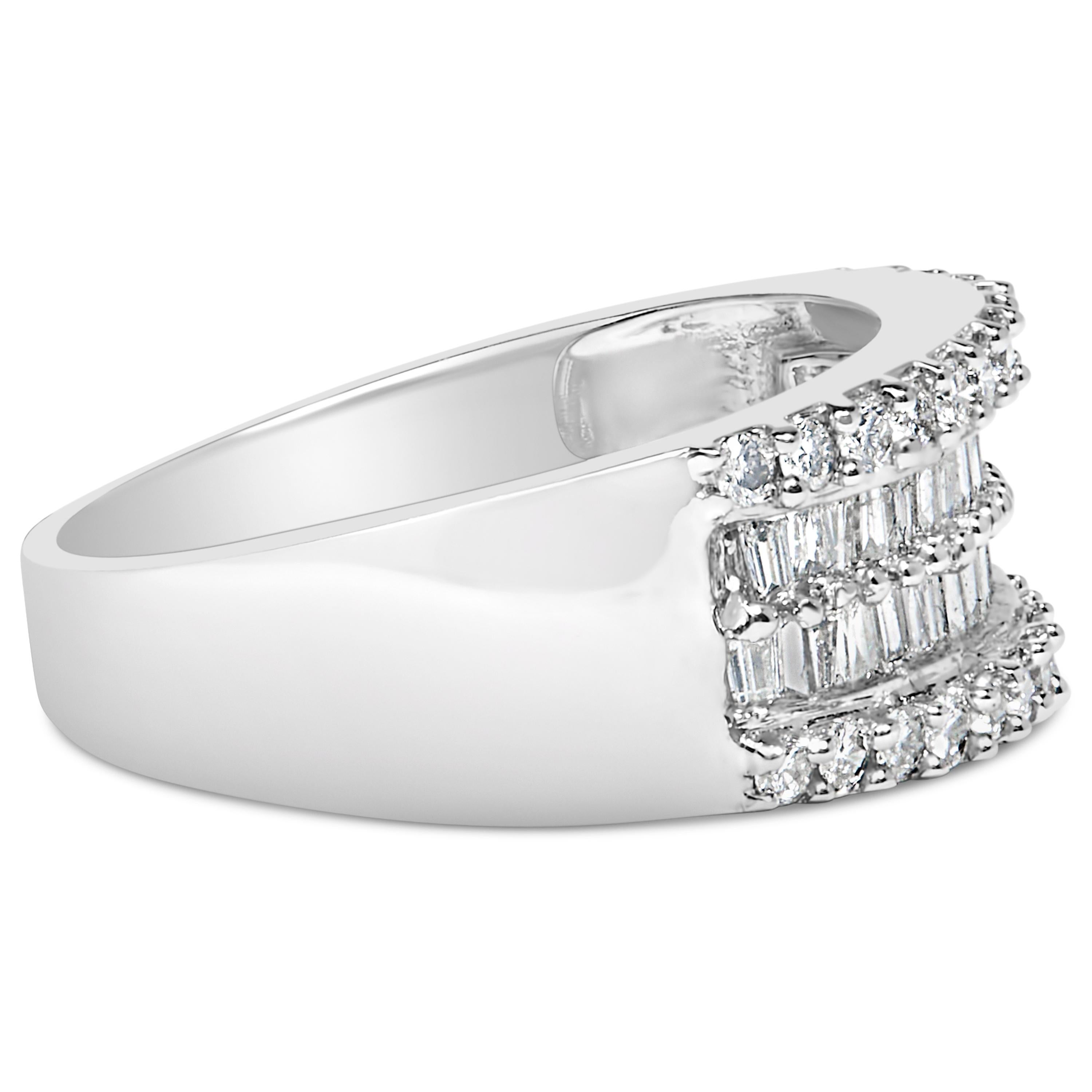 Immerse yourself in the radiant elegance of this 14K white gold diamond band, where sophistication meets sparkle in a symphony of design. Plated with rhodium for an added touch of brilliance, this ring captivates with its unique composition of round
