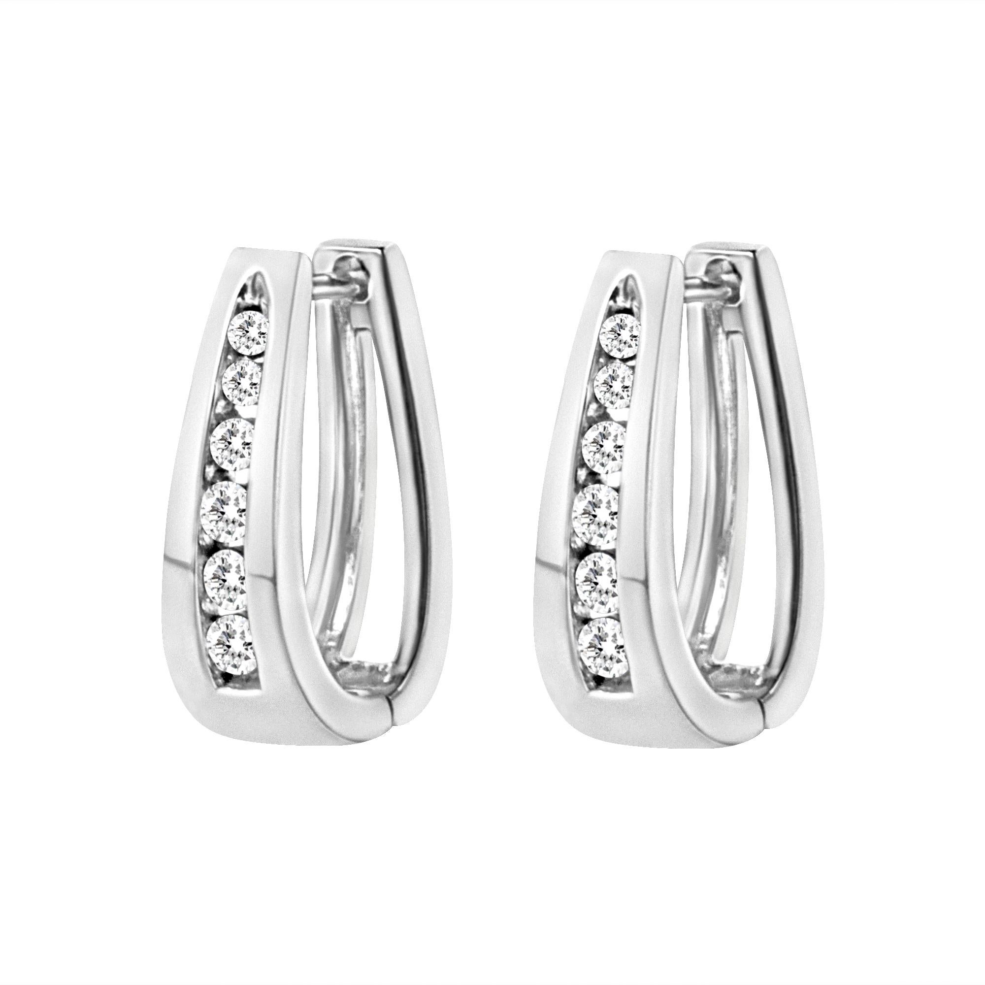 Modern 14k White Gold 1.0 Cttw Channel-Set Brilliant Round-Cut Diamond Hoop Earrings For Sale