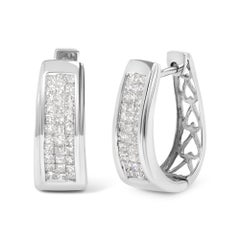 14K White Gold 1.0 Cttw Invisible Set Princess Cut Diamond Huggy Hoop Earrings