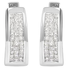 14K White Gold 1.0 Cttw Invisible Set Princess Cut Diamond Huggy Hoop Earrings