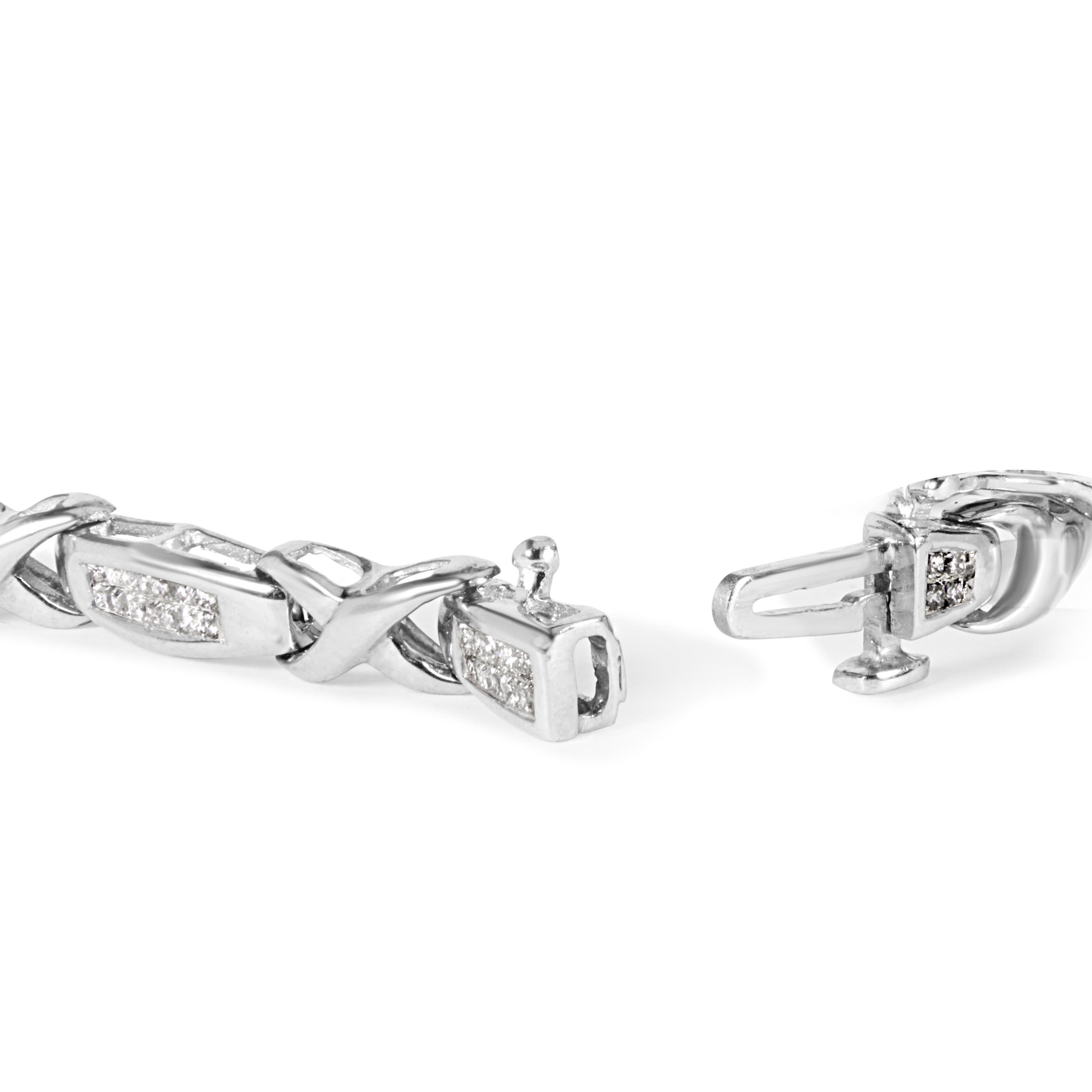A diamond tennis bracelet is a coveted fashion statement, hailed for its sleek beauty and upscale sophistication. This luxury tennis bracelet is crafted in genuine 14k white gold in a motif of rectangular and 