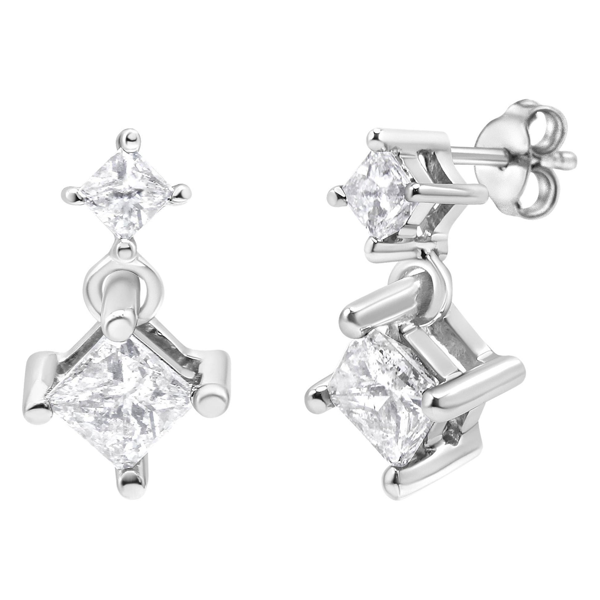 Pendientes de oro blanco de 14 quilates con doble diamante en talla princesa de 1,0 qt para mujer